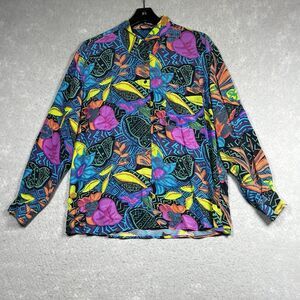 VTG Valentine Button Down Blouse Size Large 100% Silk Multicolor Floral Print